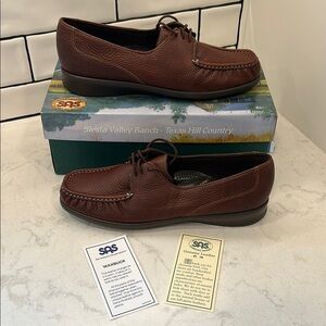 SAS Petra Mulch Brown Leather Moccasins with Rawhide Lacing and Rubber Sole